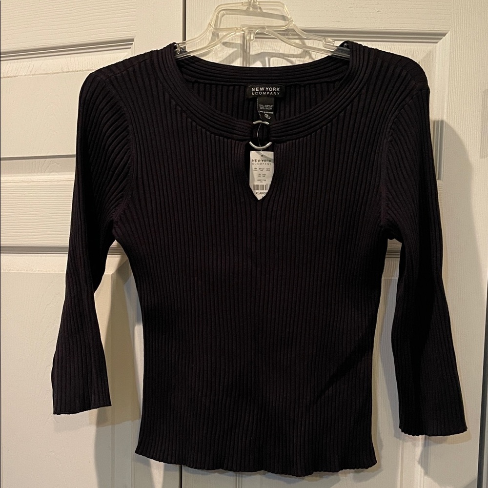 New York and Company 3/4 sleeve ribbed blouse, silver ring on neck area